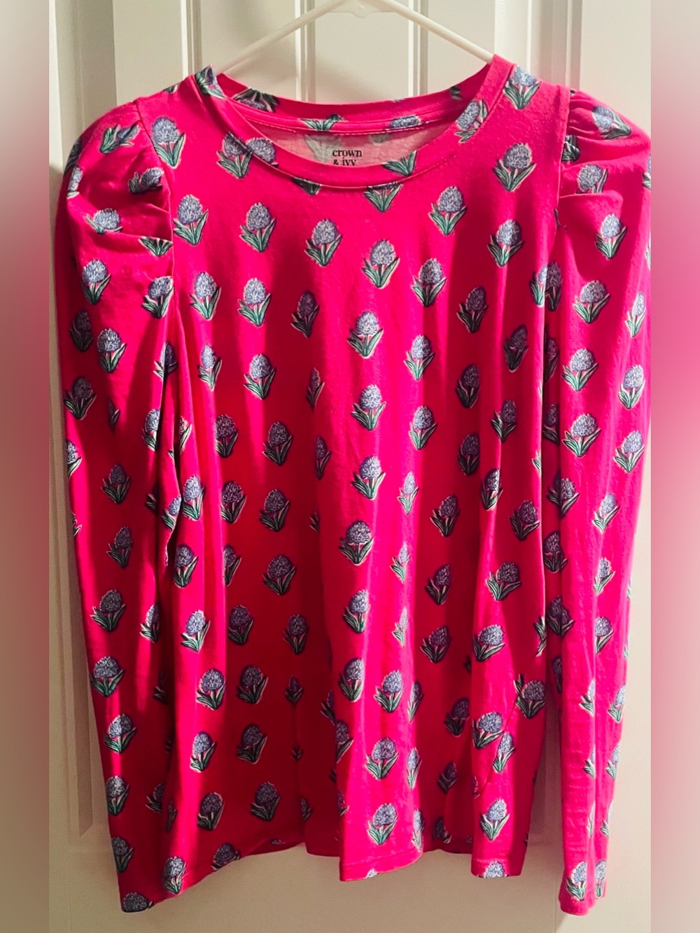 Crown & Ivy Women’s Small Pink Floral Puff Sleeve Top Long Sleeve Botanical